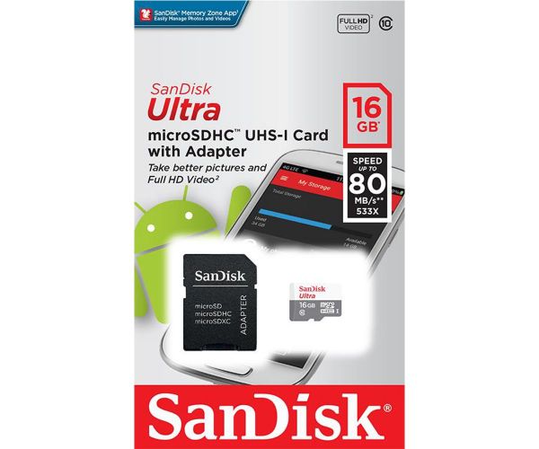 SanDisk 16 GB microSDHC UHS-I Ultra + SD adapter SDSQUNS-016G-GN3MA