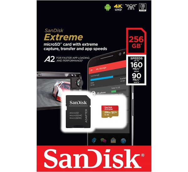 SanDisk 256 GB microSDXC UHS-I U3 Extreme A2 + SD Adapter SDSQXA1-256G-GN6MA